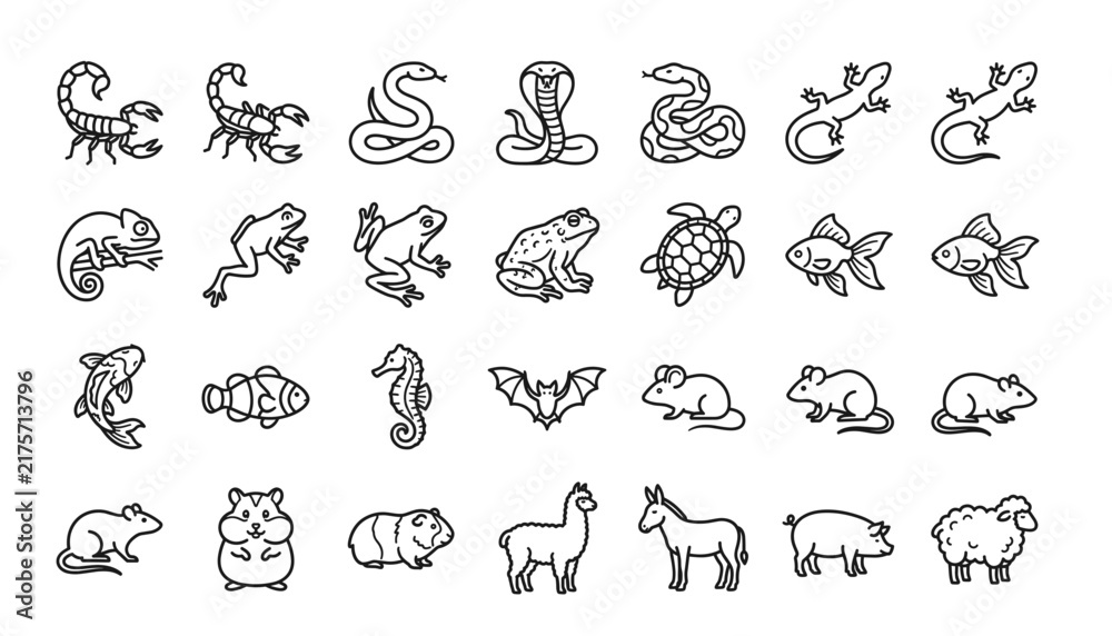 Fototapeta premium Animal logo element vector, line art animal illustration set. Hand drawn reptile, amphibian, fish, rodent, and farm animal icon collection set.