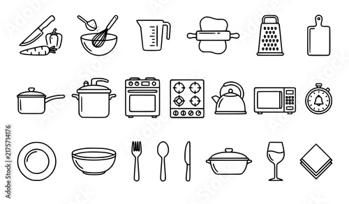 Thin line cooking icons set for food preparation kitchen equipment and meal serving