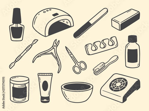 Nail Salon and Manicure Hand Drawn Icon Set with Nail Polish UV Lamp and Beauty Tools