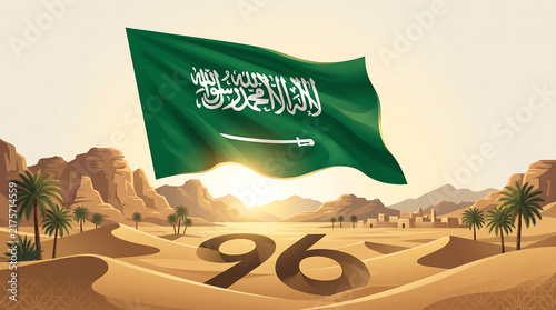 Saudi Arabia 96th National Day 2026 Flag Over Desert Landscape