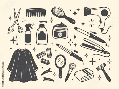 Hair Salon and Hairstyling Hand Drawn Icon Set with Hair Dryer Comb and Beauty Tools