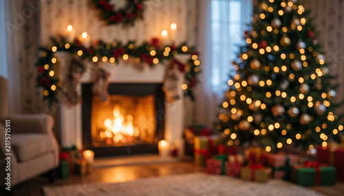 Принти на полотні A cozy Christmas living room with a decorated tree, glowing lights, and a warm fireplace