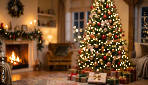 Obraz na plátne A cozy holiday scene featuring a beautifully decorated Christmas tree with lights and ornaments, surrounded by gifts and a glowing fireplace