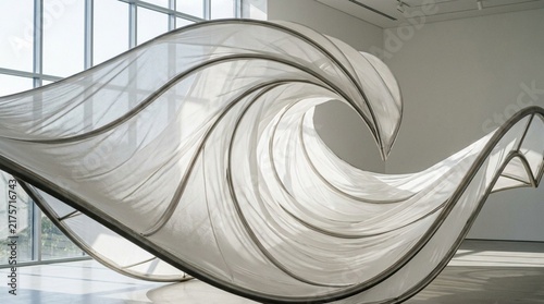 Minimalist wavy fabric installation tensioned over a solid metal frame