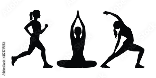 Silhouettes of women exercising, running, and practicing yoga
