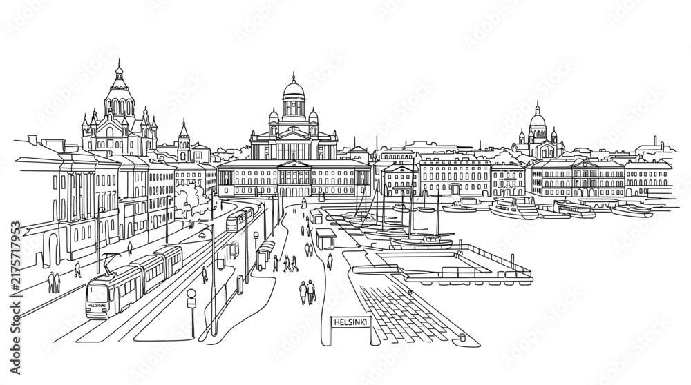 Fototapeta premium Black and White Line Art Drawing of a Coastal European Cityscape