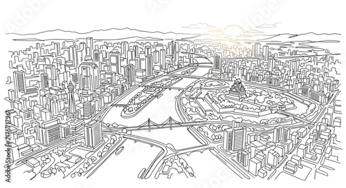 Black and white line art drawing of a modern cityscape
