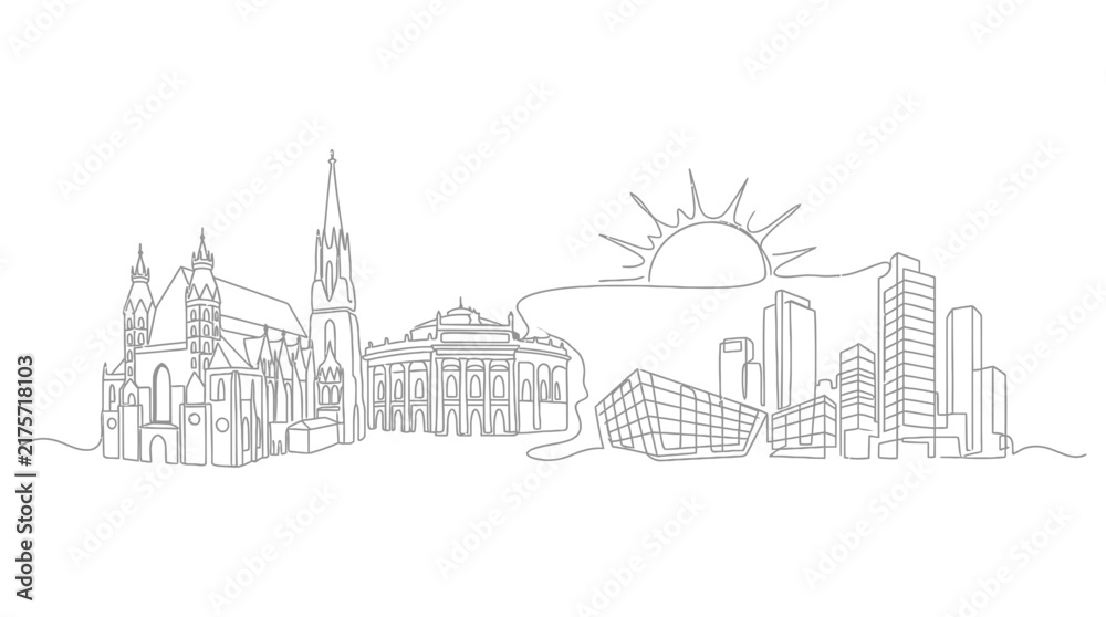 Obraz premium Continuous line art of a modern and historic city skyline