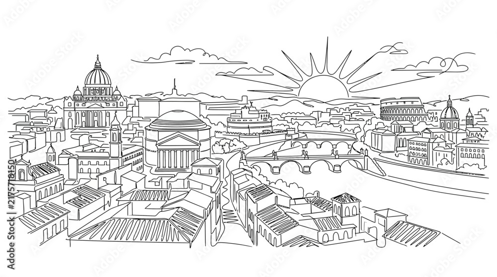 Obraz premium Continuous Line Drawing of a European City Skyline at Sunrise