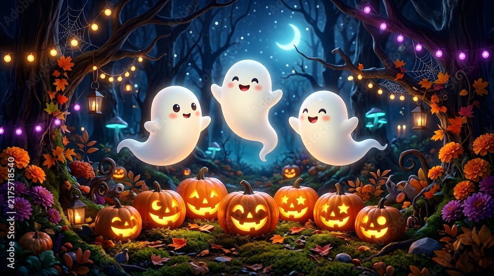 Obraz premium Cute cartoon ghosts floating over glowing jack-o-lanterns in a magical Halloween forest.