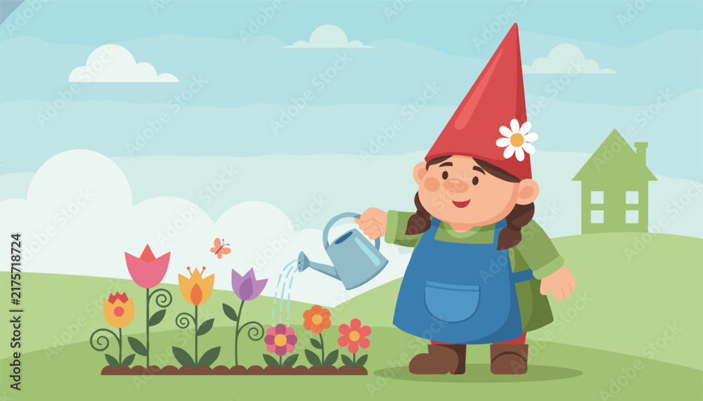 Naklejka premium Friendly garden gnome wearing a red hat and blue apron watering colorful flowers in the backyard with a watering can.