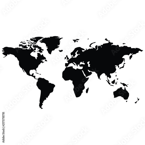 Black and white world map vector outlines continents for global travel and geography projects.