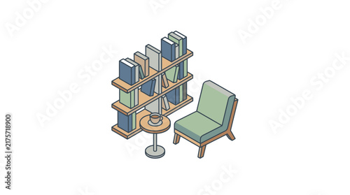 Cozy reading nook with a bookshelf, chair, and small table.