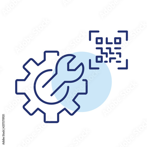Cogwheel, tools and qr code scan. Maintenance and new settings access. Pixel perfect, editable stroke vector icon