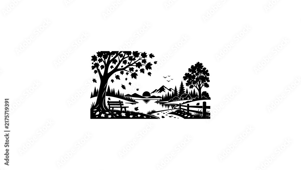 Fototapeta premium Park scene with bench trees lake and mountains for outdoor recreation.