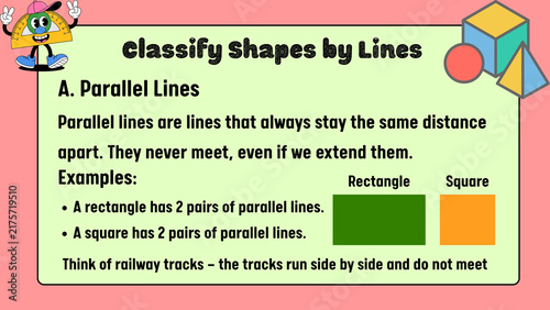 Fotografie Educational geometry poster for kids, classify shapes by lines lesson, parallel