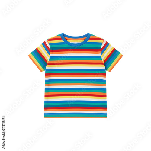 알록달록한 다채로운 스트라이프 패턴의 캐주얼 반팔 티셔츠 의류 컷아웃
Casual short-sleeved t-shirt clothing cutout with colorful striped patterns
