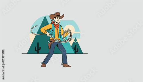 Brave cartoon cowboy holding a lasso and ready for a rodeo adventure in a desert landscape with mountains.