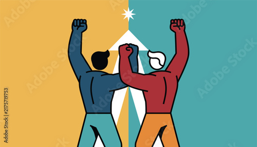 Diverse strong men raising fists in unity against a split background with a star symbol, representing power and solidarity.