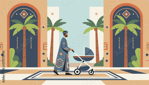 Middle Eastern father pushing a baby stroller through an elegant courtyard decorated with palm trees and ornate archways.