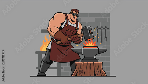 Strong muscular blacksmith hammering hot red metal on an anvil with flames glowing in the background workshop.