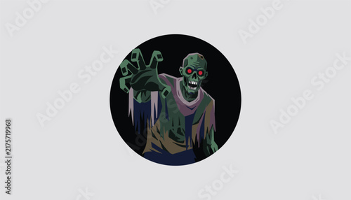 Scary green zombie with glowing red eyes reaching out of a dark circle on a clean light grey background.