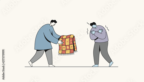 Kind man offering a warm patterned blanket to another shivering person to help protect him from the cold weather.