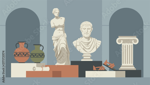 Elegant museum display featuring ancient Greek vases, a Venus statue, a Roman bust, sandals, and a stone column.