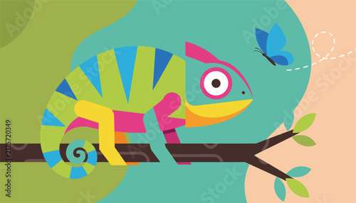 Colorful geometric chameleon sitting on a branch and watching a flying blue butterfly in an abstract jungle.