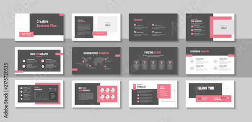 Business plan presentation design layout with clean pitch deck template for digital brand guidelines, company portfolio, corporate report and contemporary horizontal vector flyer layout