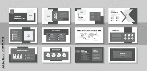 Business plan presentation design layout, contemporary pitch deck template for digital brand guidelines, company portfolio, corporate report and modern interactive web banner layout set