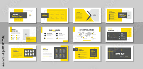 Business plan presentation design layout, contemporary and clean pitch deck template for digital brand guidelines, company portfolio, corporate report and modern professional agency layout