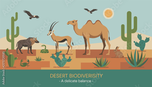 Beautiful poster illustrating desert biodiversity with a camel, gazelle, hyena, and cacti in a delicate balance.