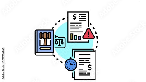 Asset liquidation process flowchart financial reports, legal proceedings with scale and gavel, and time constraints for debt resolution