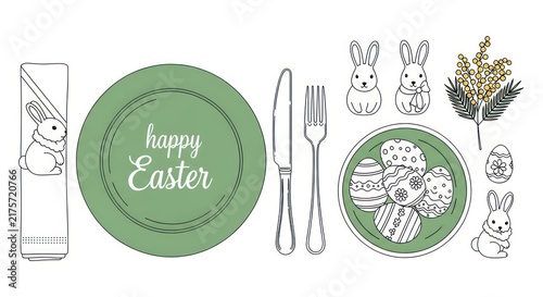 Happy Easter Table Setting with Bunny Napkin Ring, Decorated Eggs, and Spring Flowers