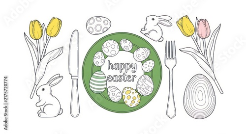 Happy Easter Table Setting with Tulips, Eggs, and Bunnies - Hand-Drawn Illustration