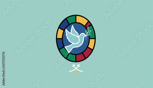 Beautiful stained glass round window depicting a white dove of peace with an olive branch against a light green background.