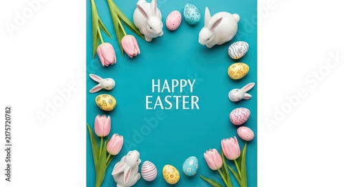 Happy Easter Wreath with Pink Tulips, Decorative Eggs, and White Bunny Figurines on Teal Background