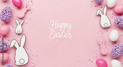 Happy Easter pink background with cute bunnies, eggs, and confetti. Spring holiday flat lay.