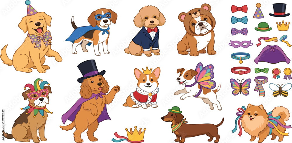 Obraz premium Cute cartoon puppies wearing funny party costumes vector element set isolated on white background digital illustration