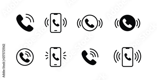 phone call, ringing and vibration icon set. collection of calling, mobile, ringing, vibration, incoming call, outgoing call, smartphone, and icons. editable stroke. vector icon collection.