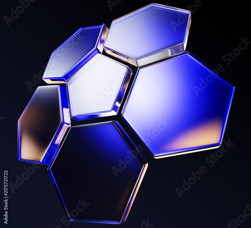 3d protect glass shield dome, hexagon pattern circle mesh shape. Cyber security barrier with neon blue gold glowing, energy field effect on dark render background. Digital safety. 3D illustration