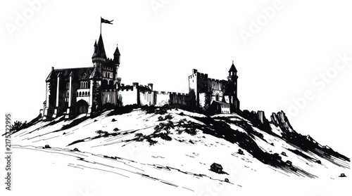 Fotografie Monochromatic Handdrawn Illustration of an Ancient Medieval Castle with Gothic A