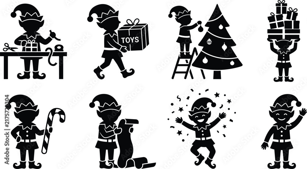 Naklejka premium Silhouettes of elves decorating a christmas tree and carrying gifts on a white background elf