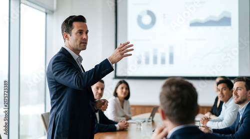 Confident executive presenting strategic business plan to colleagues in modern office boardroom