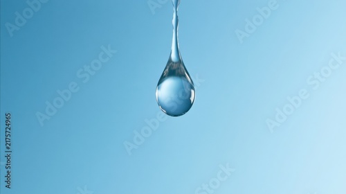 A water drop hangs on the edge, ready to drop onto a blue surface. The backdrop is fresh with large empty space around.