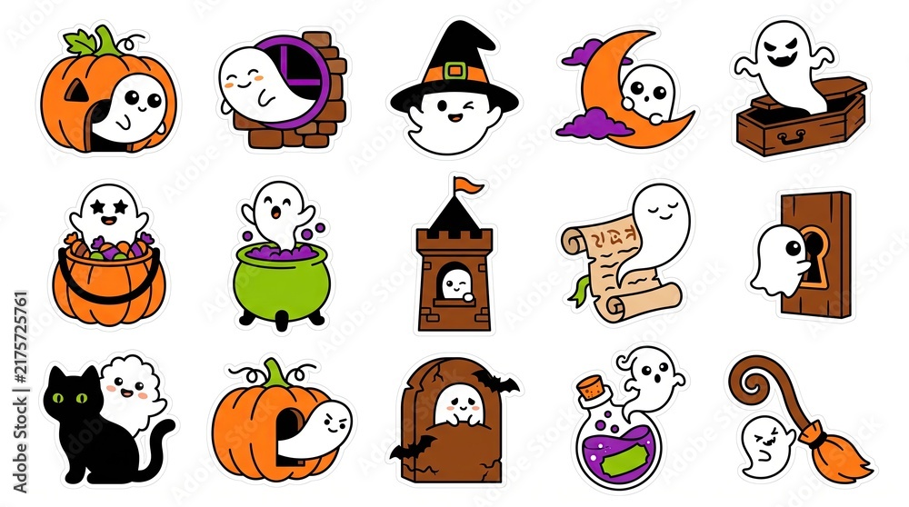 Fototapeta premium Set of cute cartoon ghosts celebrating halloween with pumpkins cats witches hats and cauldrons on white background