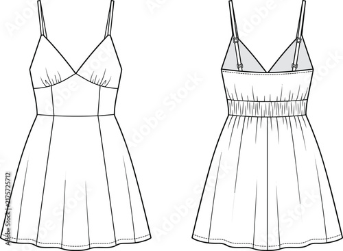 Foto Women strap dress technical flat sketch, front and back view vector illustration