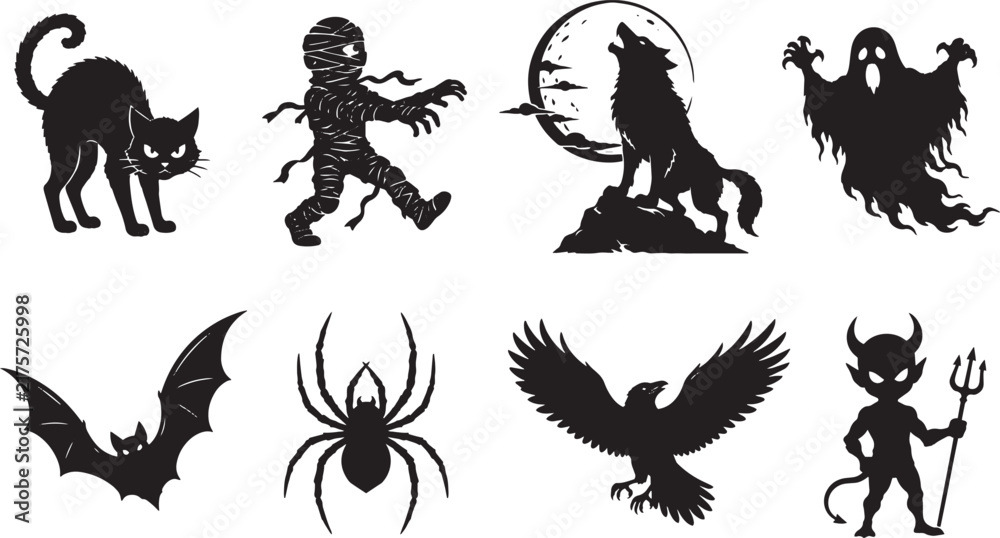 Naklejka premium Halloween Horror Silhouette Collection with Black Cat, Mummy, Werewolf, Ghost, Bat, Spider, Raven and Devil