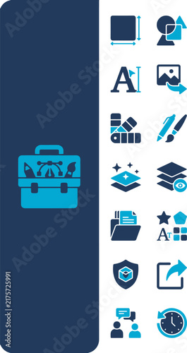 A comprehensive collection of blue graphic design and digital media tools icons representing creative processes, editing, and software features